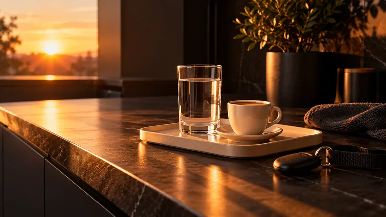 Bicchiere d’acqua e tazzina su un piano cucina nella luce del mattino, immagine illustrativa