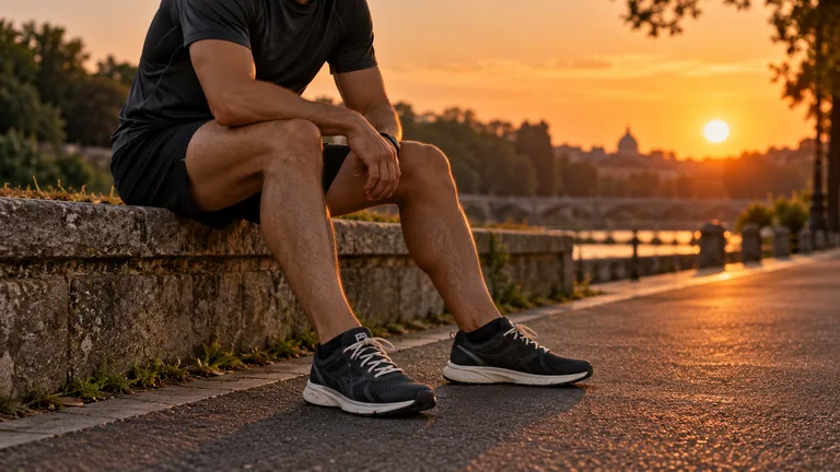 Runner seduto su un muretto di pietra lungo un percorso al tramonto, con una mano appoggiata sul ginocchio e un fiume sullo sfondo, immagine illustrativa