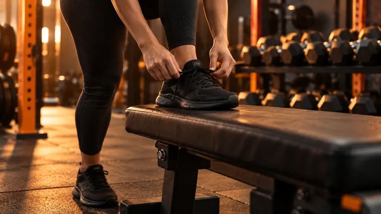 Persona che si allaccia le scarpe da allenamento su una panca in palestra, immagine illustrativa