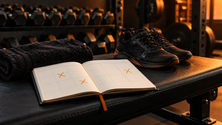 Scarpe da allenamento e un taccuino aperto su una panca in palestra, immagine illustrativa