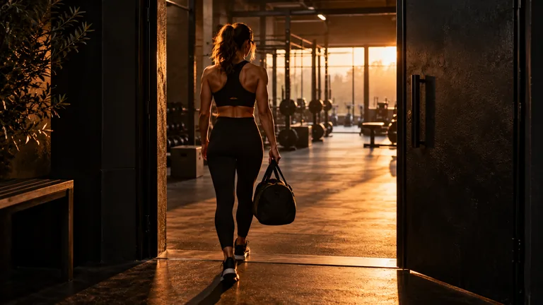 Persona con una borsa sportiva che entra in palestra attraverso una porta aperta, immagine illustrativa