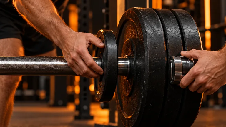Mani che regolano un disco su un bilanciere in palestra, immagine illustrativa