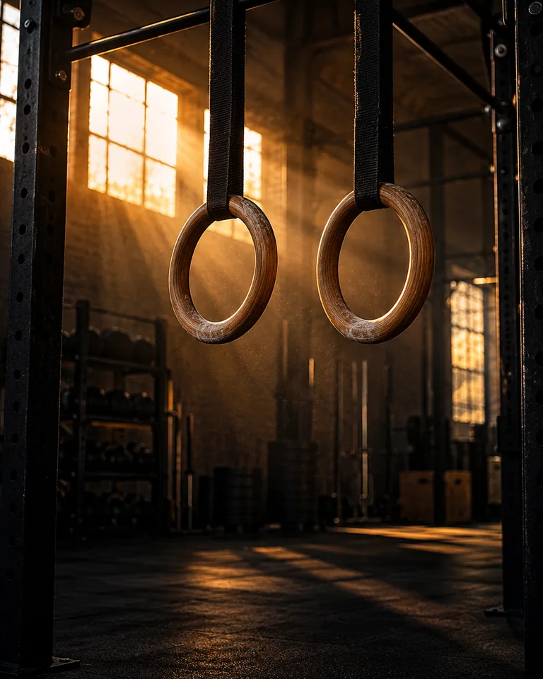 Anelli ginnici in una palestra industriale, immagine illustrativa