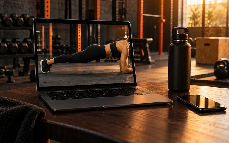 Laptop con allenamento dimostrativo, immagine illustrativa del coaching online
