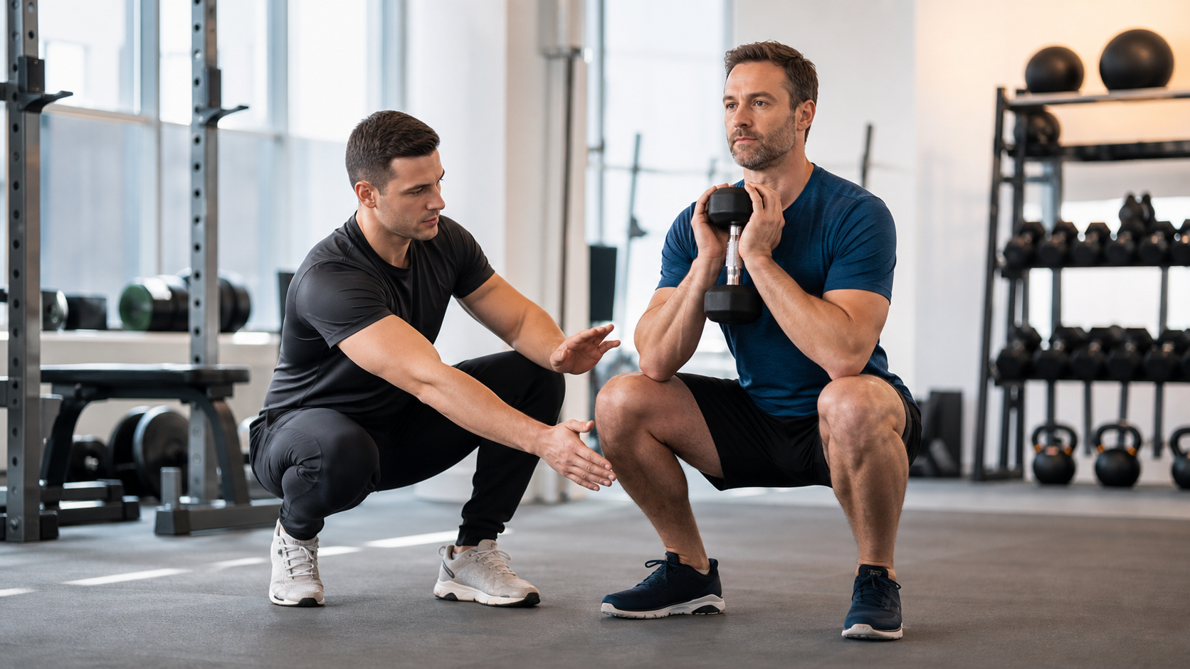 Personal trainer segue un cliente durante uno squat con manubrio in palestra