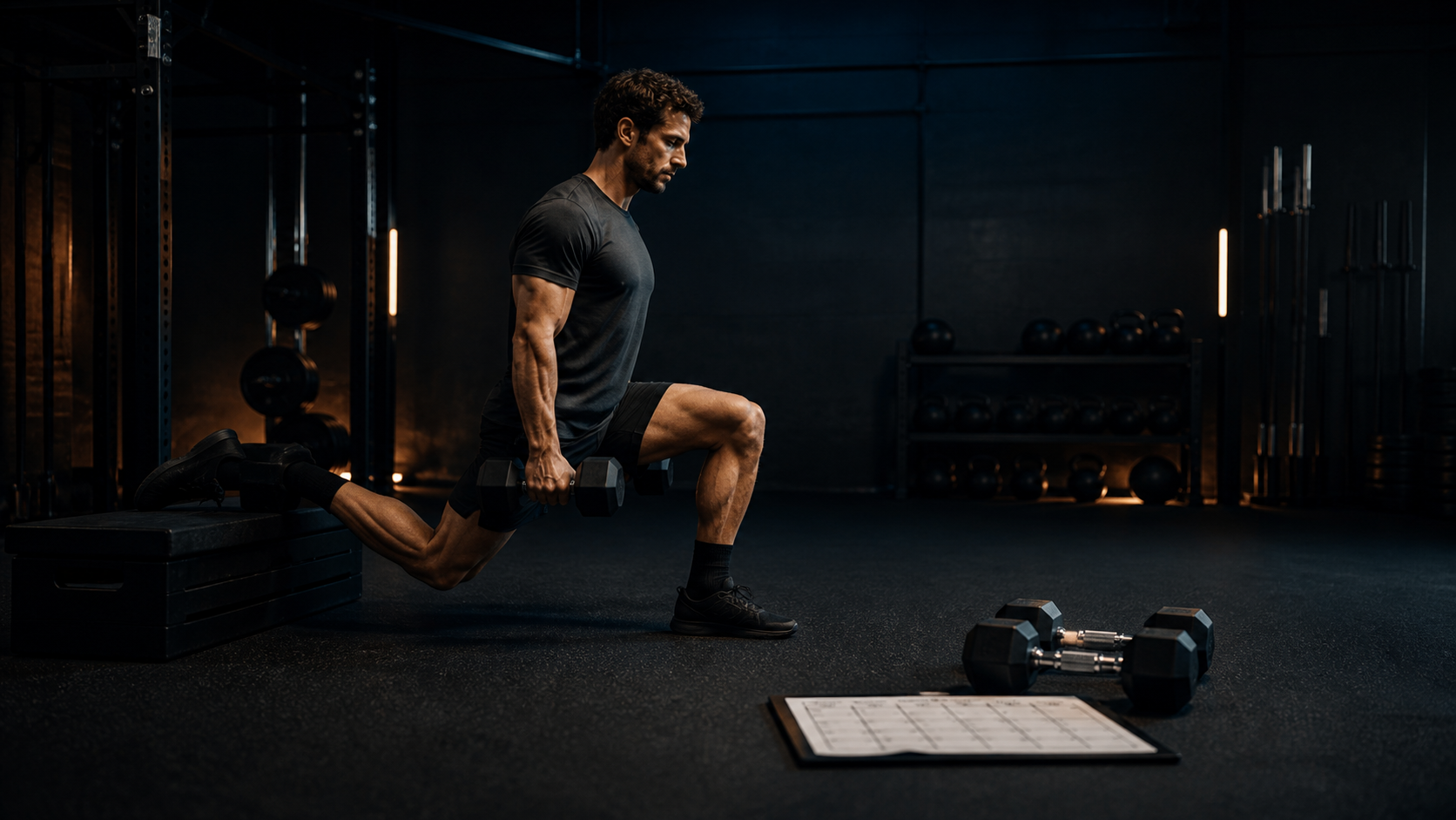 Personal trainer segue un cliente durante uno squat con manubrio in palestra