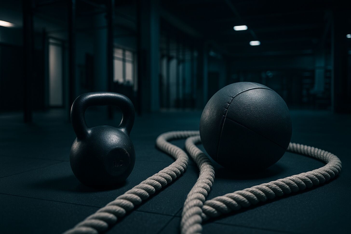 Kettlebell, medicine ball e corde su un'area di allenamento funzionale