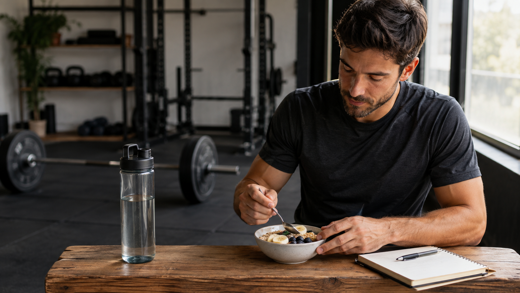Persona che fa colazione in palestra accanto a una borraccia e a un taccuino di allenamento