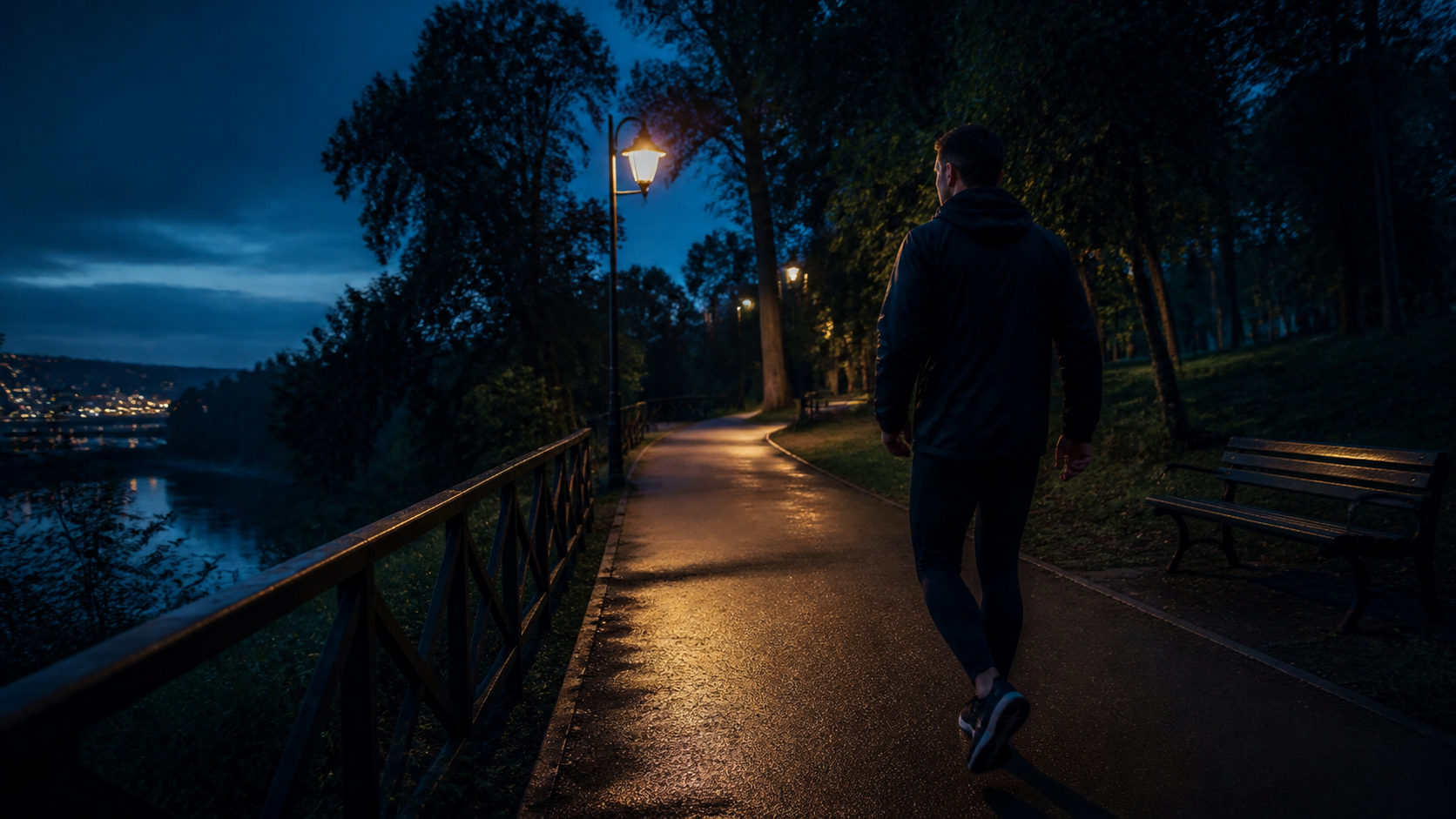 Persona che cammina a passo sostenuto su un viale alberato in un parco italiano