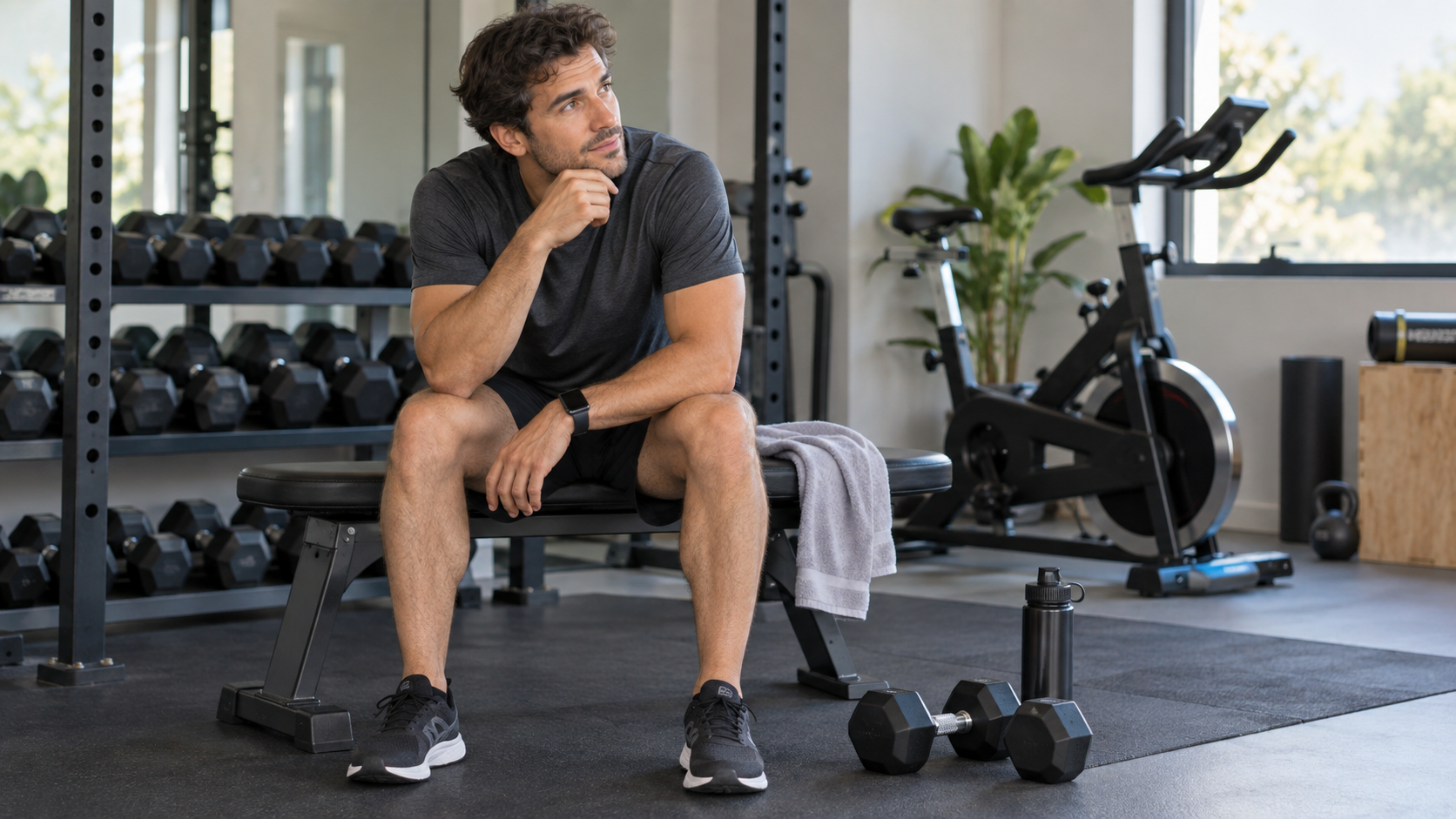 Una persona si prepara a una seduta combinata con tapis roulant e pesi in palestra