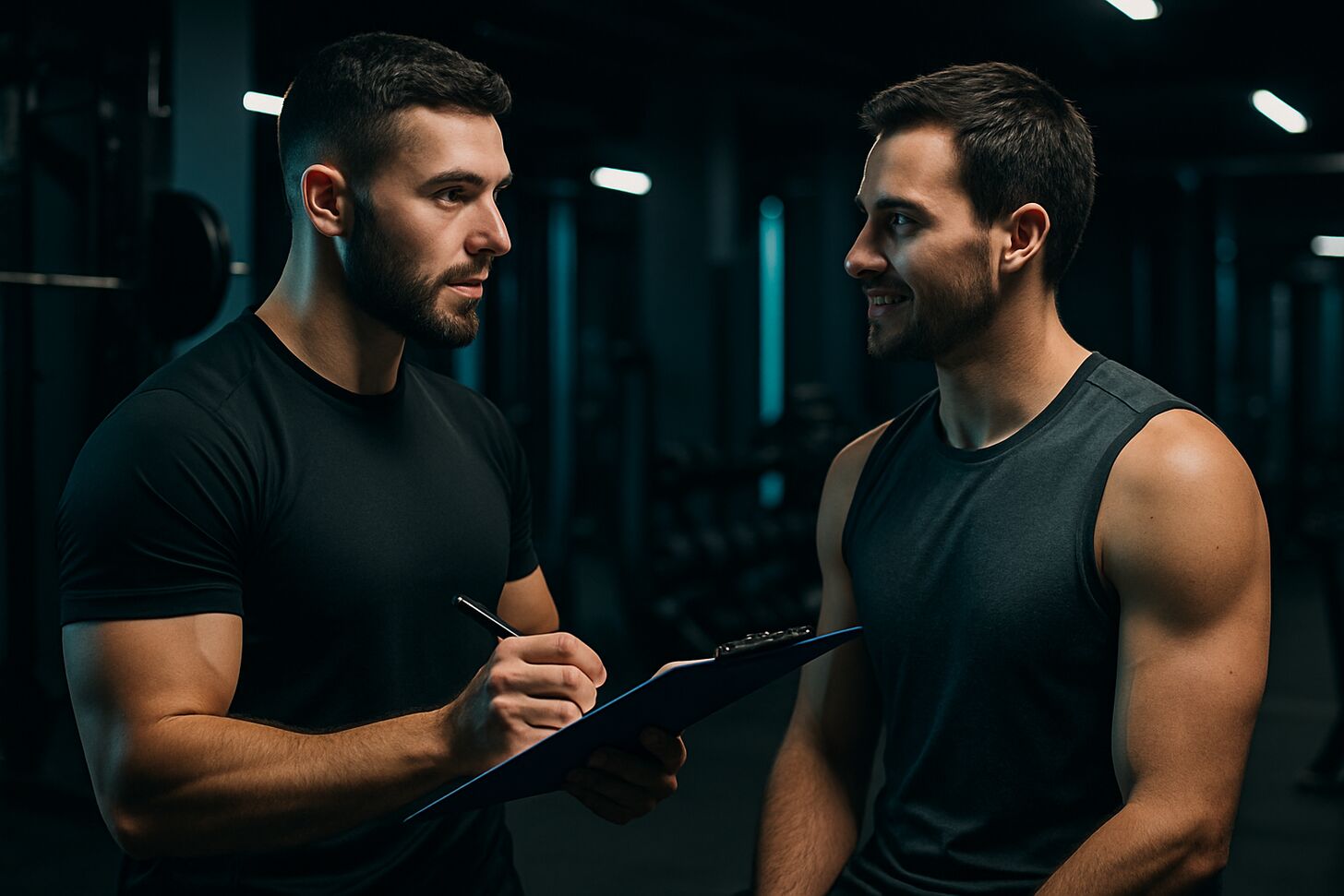 Personal trainer durante una consulenza con un cliente, appunti alla mano