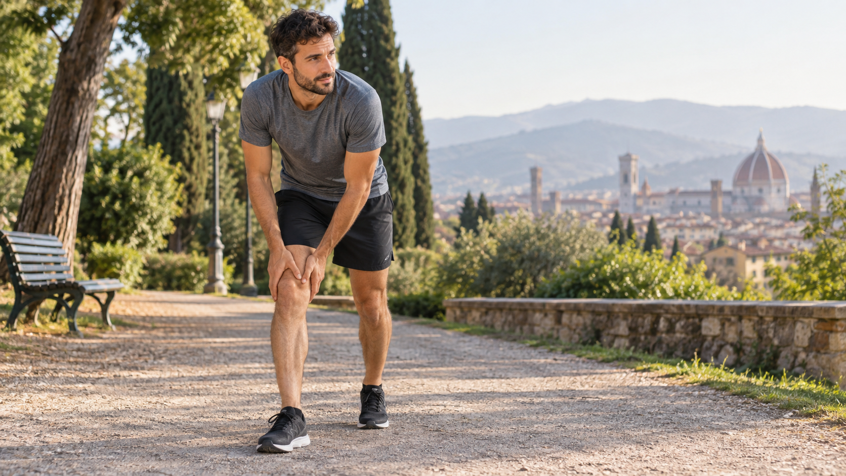 Persona che si ferma su un sentiero dopo una corsa e osserva il ginocchio senza forzarlo