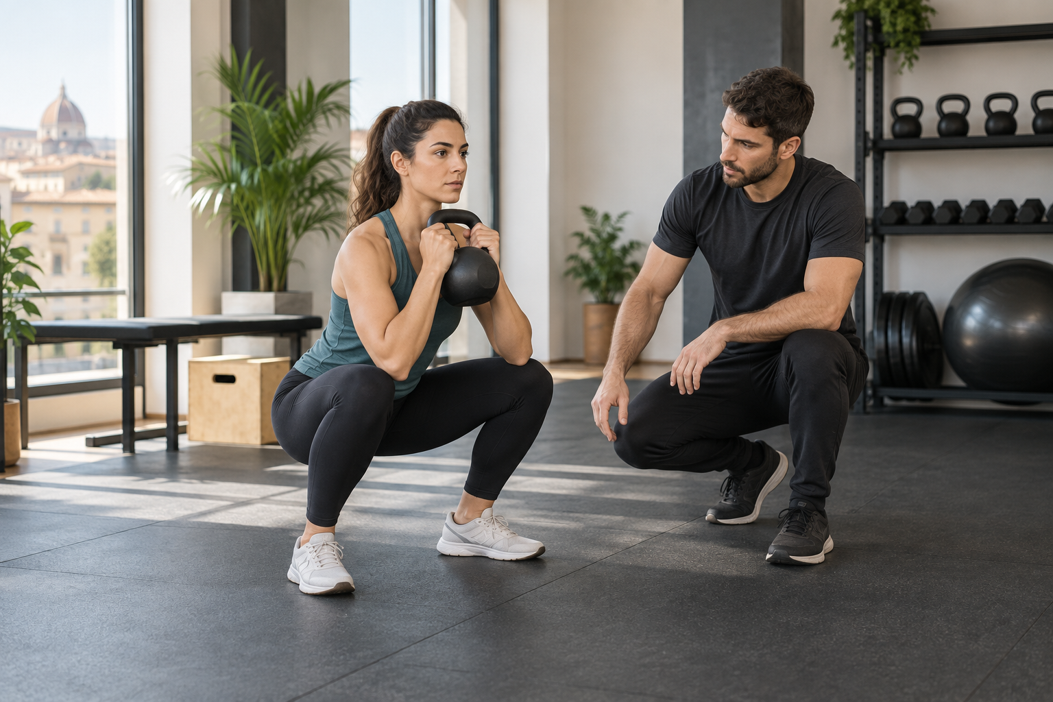 Personal trainer osserva uno squat controllato con kettlebell in palestra