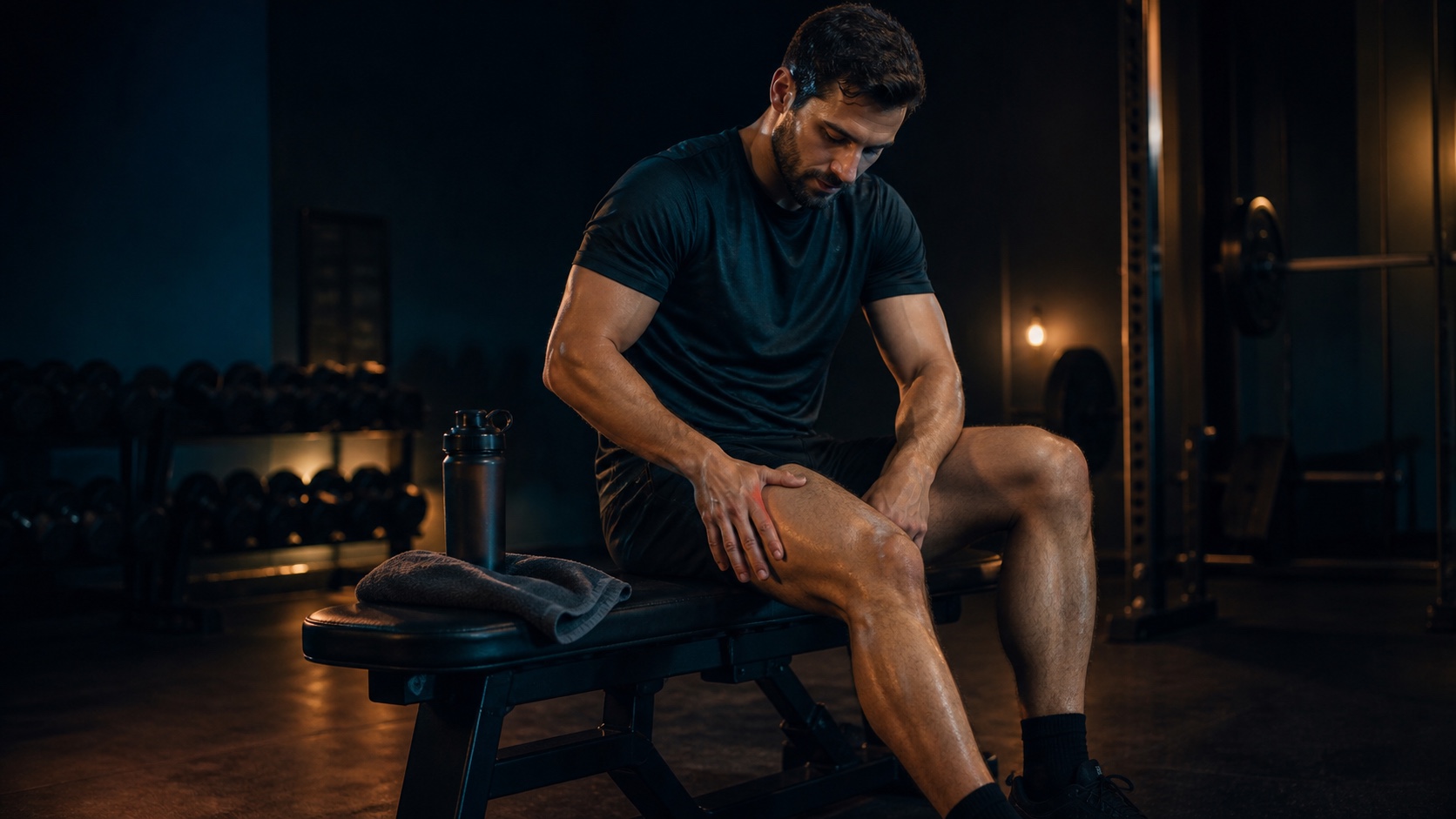 Atleta amatoriale che valuta con calma l’indolenzimento della coscia dopo un allenamento, in presenza di un trainer