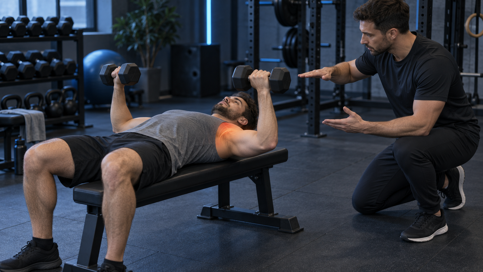 Atleta e personal trainer regolano con calma l’esecuzione della panca piana