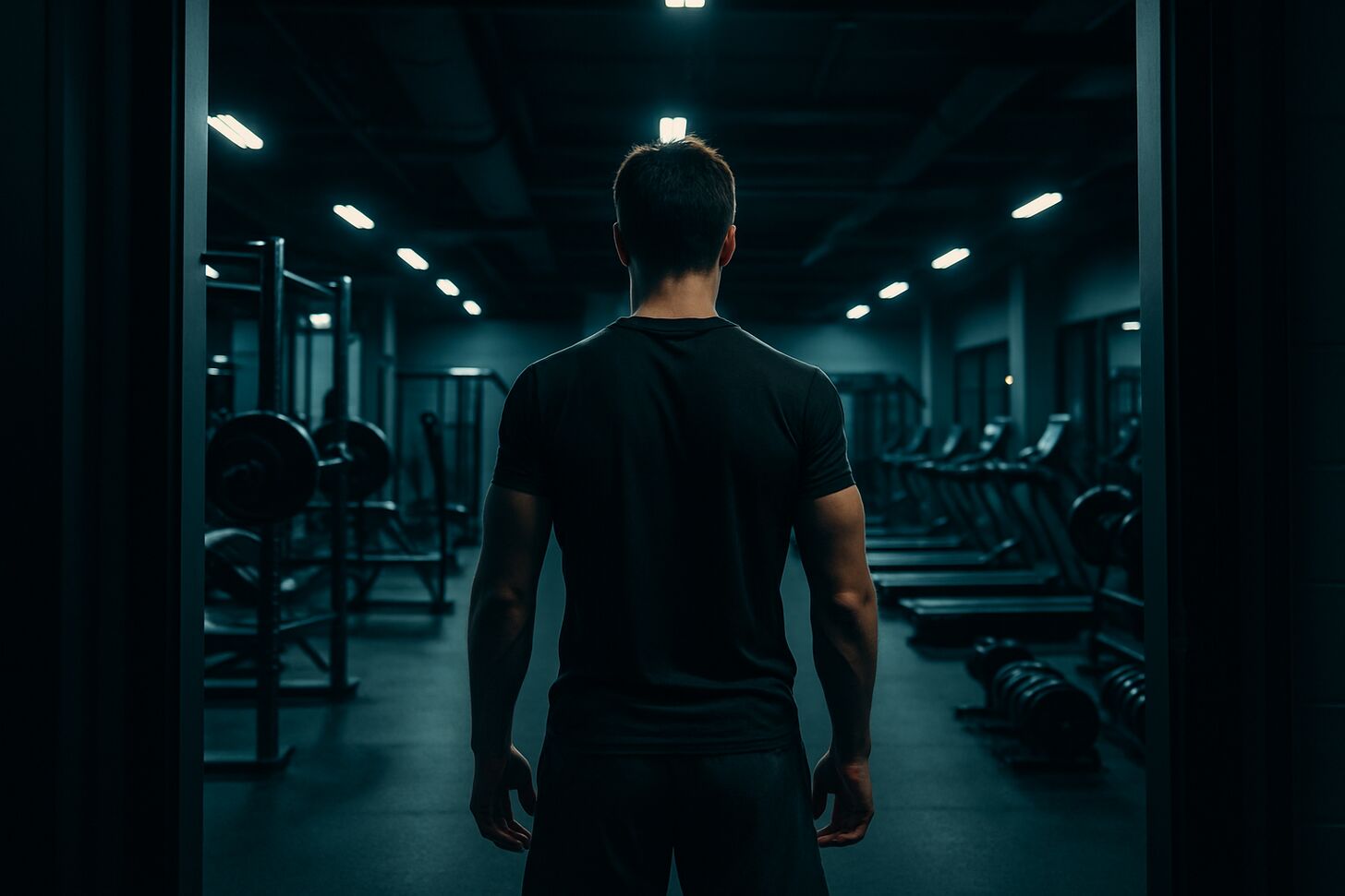 Persona all'ingresso di una palestra moderna il primo giorno di allenamento