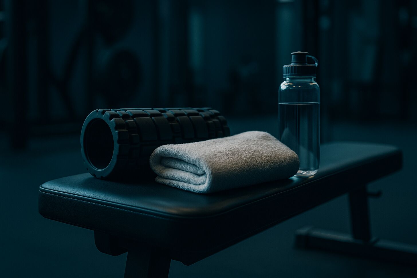 Foam roller, asciugamano e borraccia su una panca da palestra