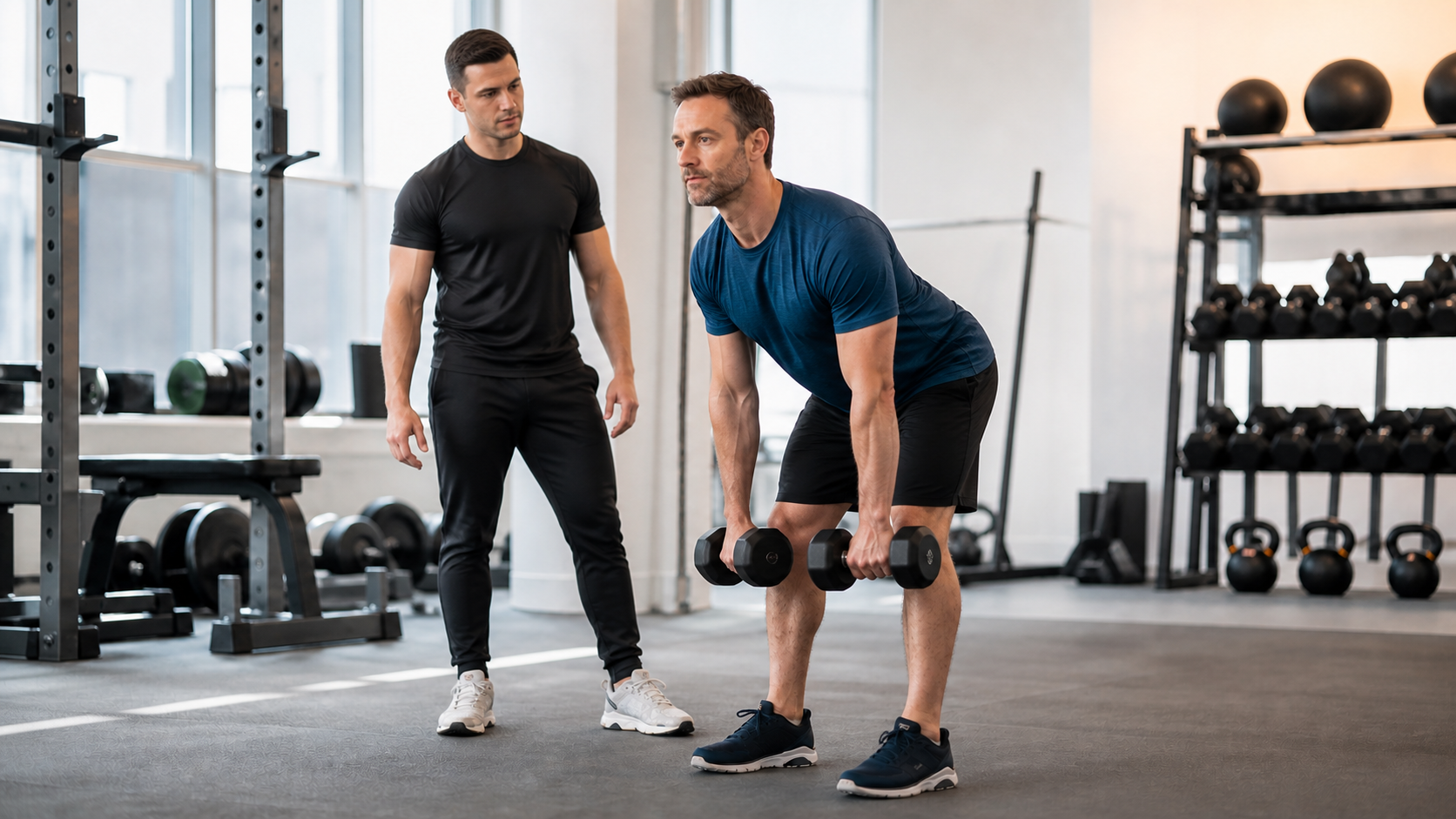 Persona che riprende ad allenarsi con manubri leggeri seguita da un personal trainer
