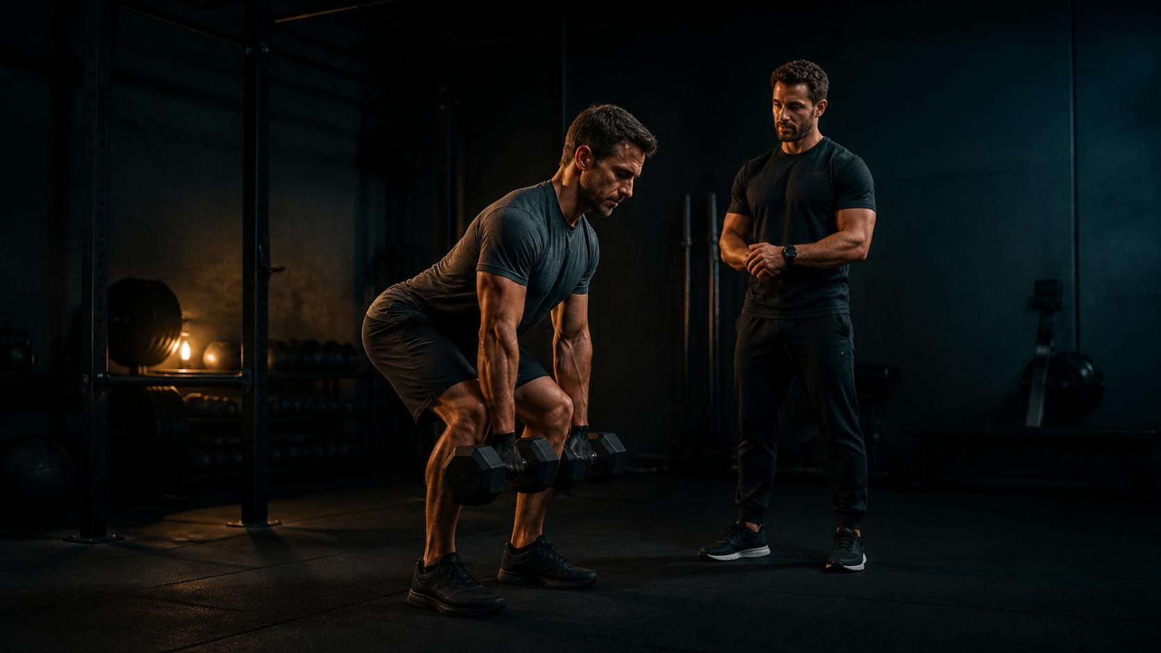 Persona che riprende ad allenarsi con manubri leggeri seguita da un personal trainer