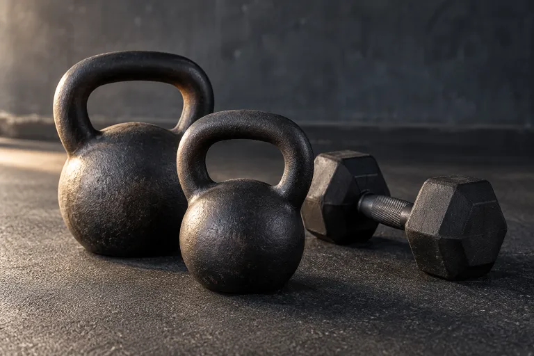 Kettlebell e manubrio su pavimento in gomma
